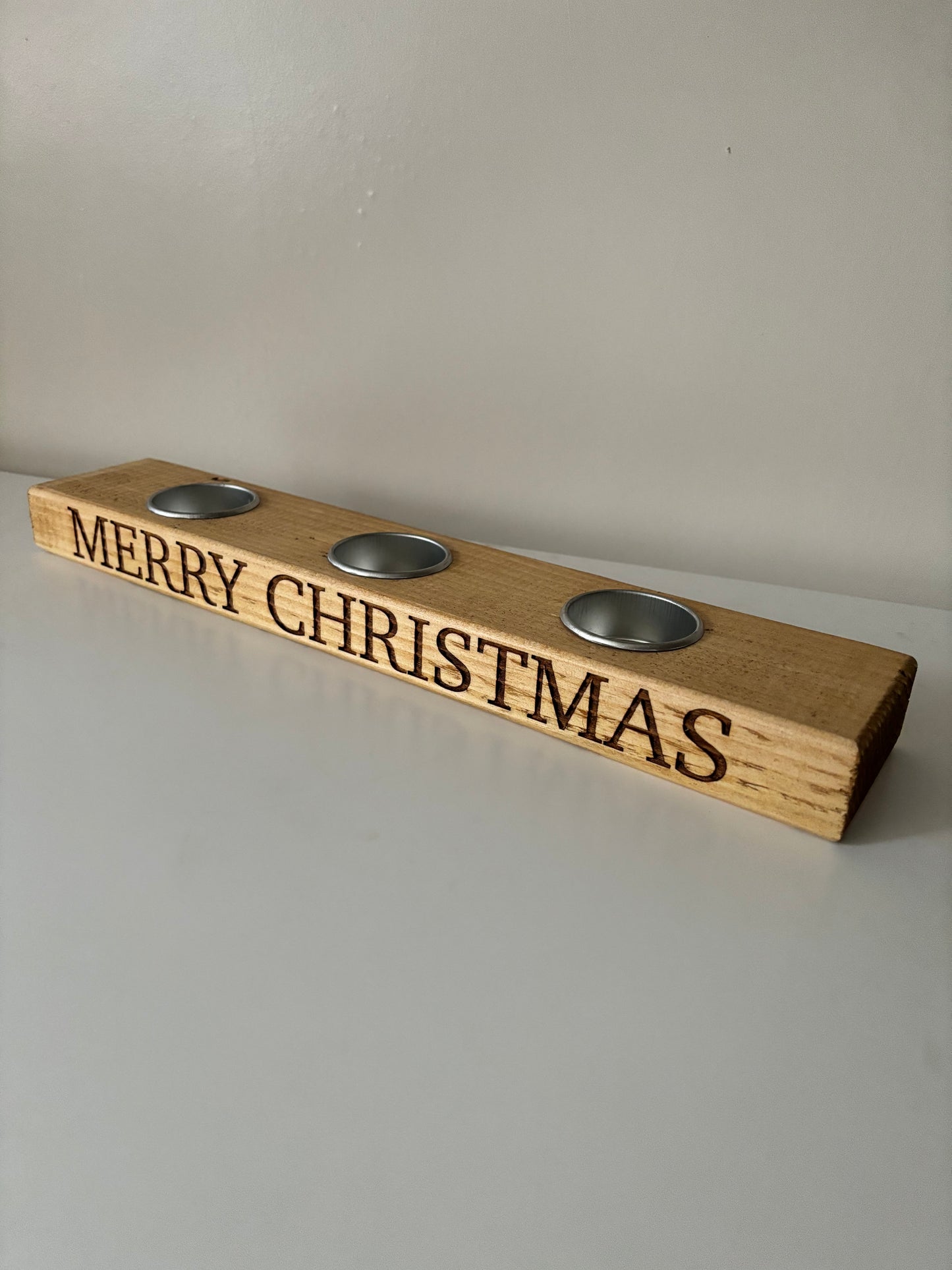 Merry Christmas Tea Light Holder in Medium Brown