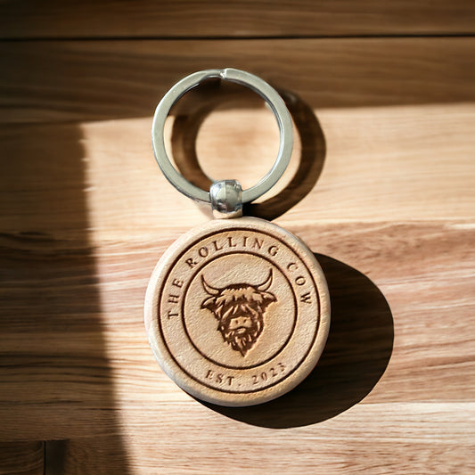 Engraved wooden disc keyring