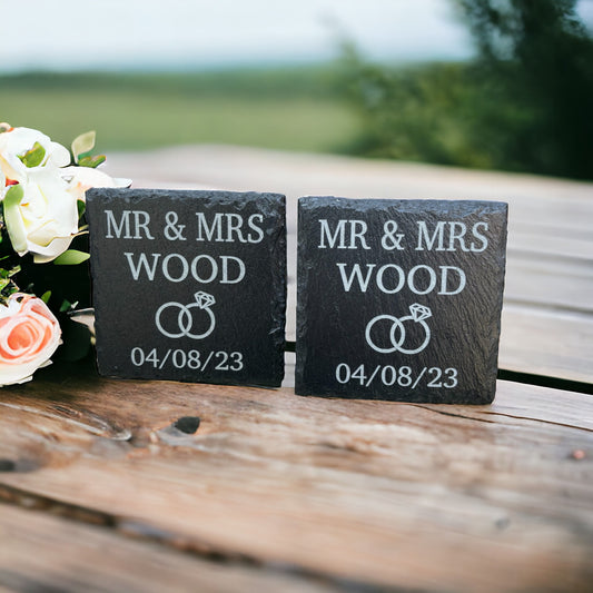 Set of 2 personalised wedding slate coasters